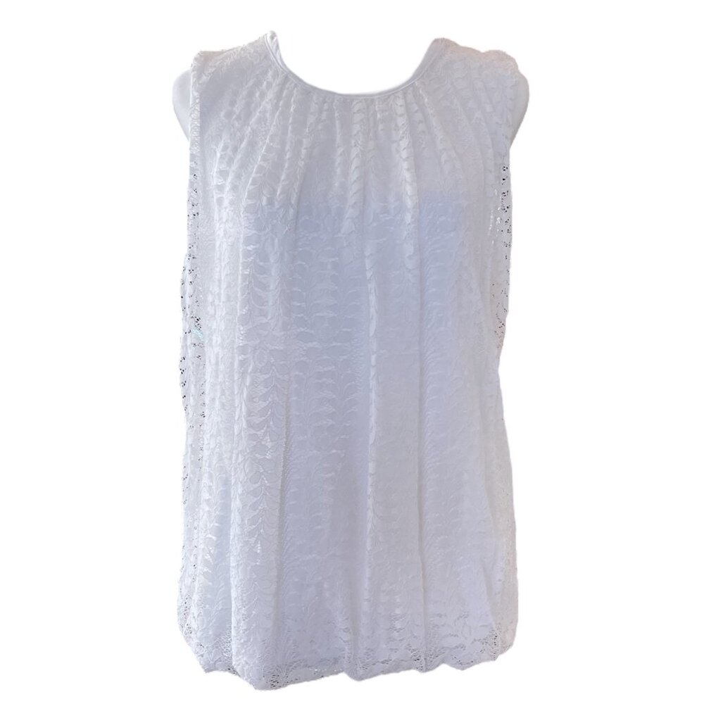 Liz Claiborne Career White Floral Overlay Sleeveless Shell Blouse Tank Top